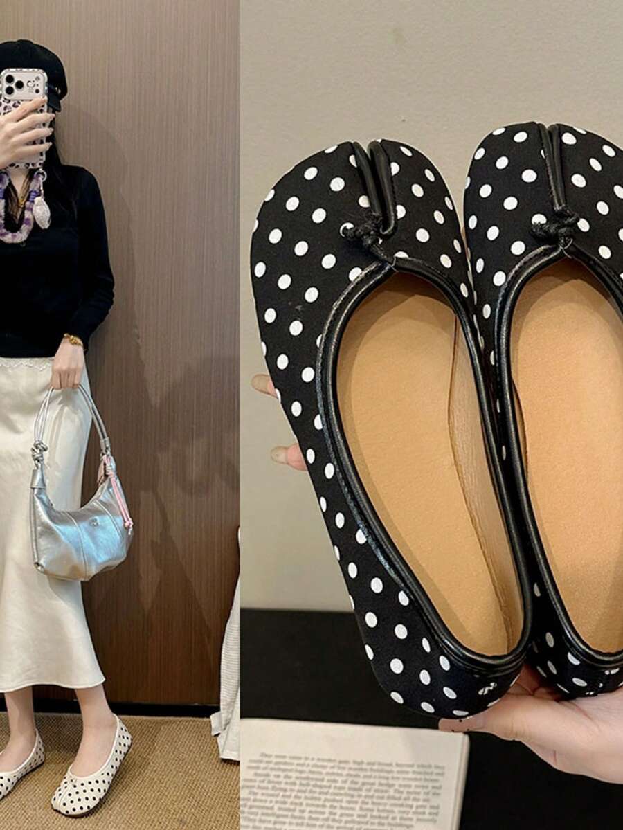2026 New Black Polka Dot Soft Leather Split-Toe Mule Shoes | Retro Low-Cut Slip-On Shoes, Versatile For Commuting, Dating, Mid-Autumn Festival, National Day, Christmas, Halloween, Thanksgiving, Daily Wear