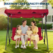 Columpio de exterior con toldo ajustable para adultos, banco de 3 plazas con cojines gruesos, estructura de acero, para jardín, color rojo - Rojo - Ver 7