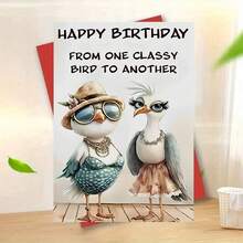 一张独特的鸟类主题生日贺卡，上面写着“一只优雅的小鸟祝另一只优雅的小鸟生日快乐”，采用两种时尚的小鸟设计，适合作为友谊生日礼物，高品质贺卡。 - 彩色 - 查看 7