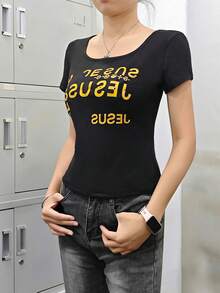 Women's U-Neck Short-Sleeve T-Shirt American Hot Girl, Summer New Letter Print, Slim-Fit Fashionable Cropped Top - Black - View 2