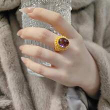 1pc Luxury Gold-Plated Purple Zirconia Ring, Elegant Wedding Band Jewelry For Women - Gold - View 3