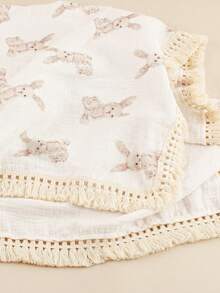 1pc Soft & Breathable Cute Rabbit Print Tasseled Bohemian Style Double-Layer Cotton Muslin Blanket, Swaddle, Stroller Cover, Bath Towel For Baby & Kids