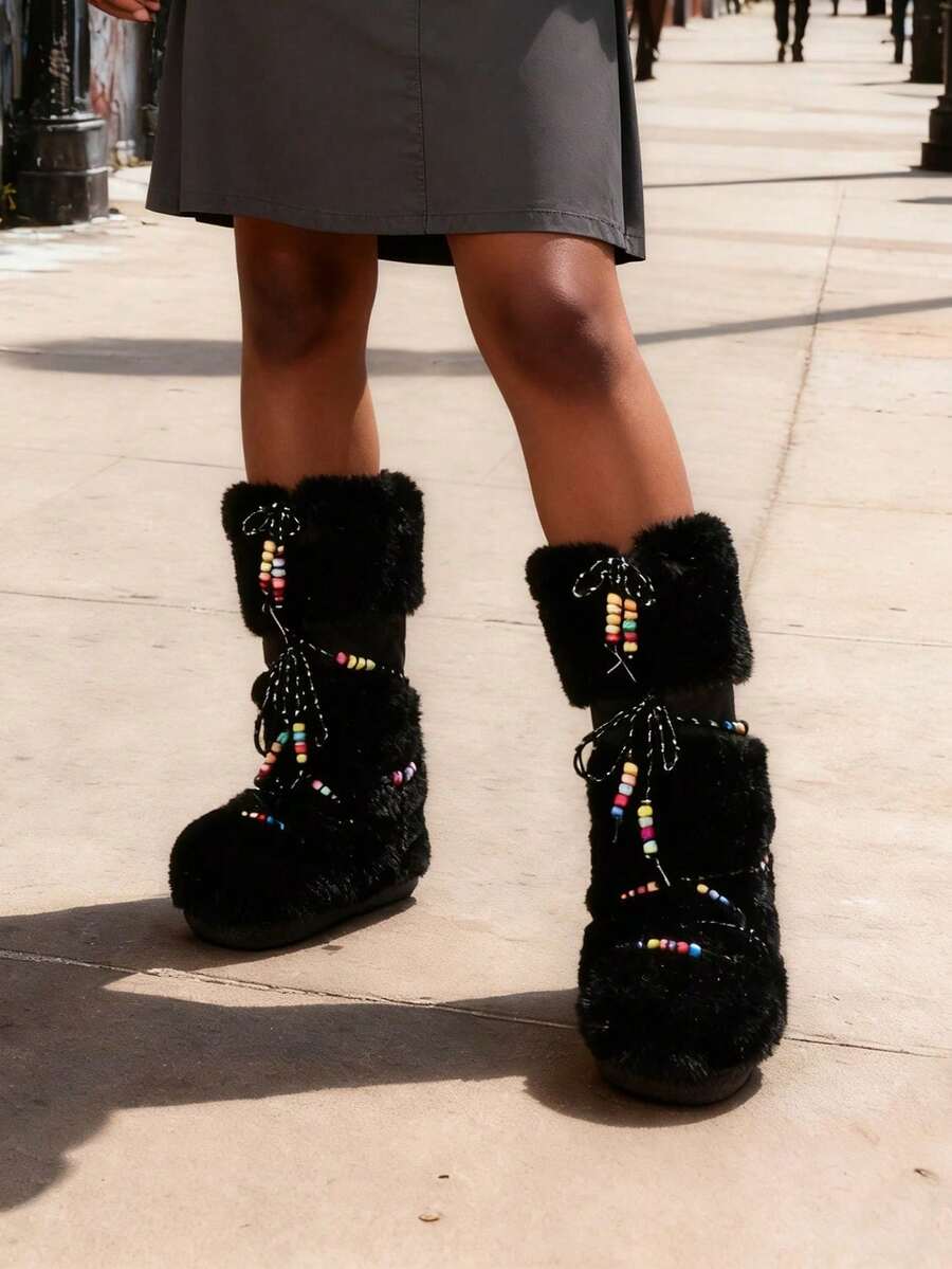 Faux Fur Boots For Women Winter Snow Boots Platform Lace Up Round Toe Boots Warm Snow Shoes Fluffy Winter Boots - 黑色2 - 查看 1