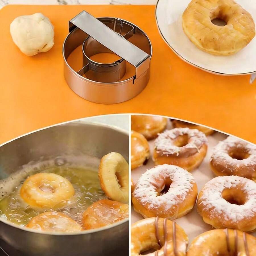 1/2 piezas Cortador de donas de acero inoxidable con mango, herramienta de horneado de donas de 6.5cm para glasear donas, molde de pastelería para fiestas y días festivos, cortador de donas con jarabe - Plateado - Ver 1