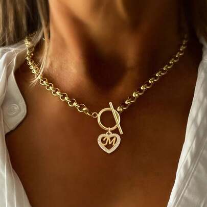 1pc Simple Gold Color Heart Hollow Initial Pendant Toggle Clasps Stainless Steel Chain Necklaces For Women