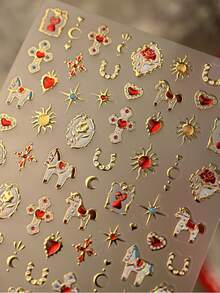 1 Stück Vintage Präge-Schaukelpferd, Stern, Mond, Herz Totem, Rose, Edelstein, Schloss, Hengst Nail Art Aufkleber, 5D mysteriöse elegante Nail Decals, selbstklebende Nail Art Dekorationen für Frauen Nägel Nagelbedarf - Verschiedenfarbig - Übersicht 7