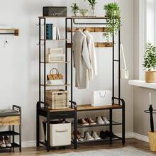 Hzuaneri Coat Rack With Shoe Storage, Coat And Shoe Rack With 3-Tier Storage Bench And Drawer, 5-In-1 Hall Tree With 17 Hooks, Side Book Shelves For Bedroom, Hallway Living Room - Rust Brown - View 2