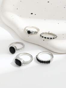 5pcs/Set Ins Style Faux Black Gemstone Diamond Shaped Rings, Multi-Element Black Crystal Ring Set For Women - Silver - View 4