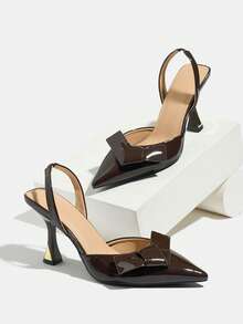 Women's Pointed Toe Slingback High Heel Pumps With Bow Decor, Solid Color, Elegant & Comfortable For Party, Wedding, Formal Occasions, Casual Wear, Birthday Gift, Suitable For Spring, Summer, Autumn, Winter, Deep Brown - Brown - View 5