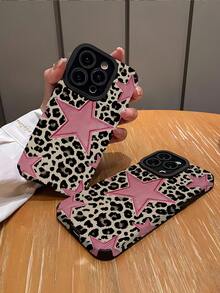 1个时尚豹纹底粉色星形图案竖款仿皮纹理防震高端软硅胶手机壳，适合作为生日、节日礼物送给朋友、家人、情侣，适用于 17/17 Air/17 Pro/17 Pro Max、16/16 Plus/16 Pro/16 Pro Max、15/15 Plus/15 Pro - 彩色 - 查看 2