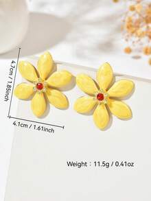 1 Pair Luxury Elegant Floral Earrings With Micro-Inlaid Rhinestones, Vintage Fashionable Charming Drip Oil Flower Stud Earrings Suitable For Women's Daily, Vacation, And Banquet Wear - Yellow - View 5