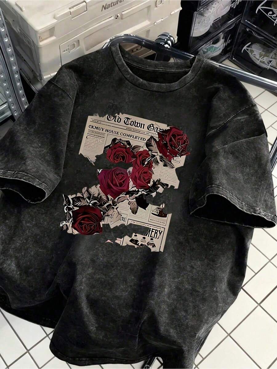 Edgy  Graphic T - Shirt,Comfortable Casual Short Sleeve, 220 Grams Heavyweight Cotton Printed T-Shirt - 黑色 - 查看 1