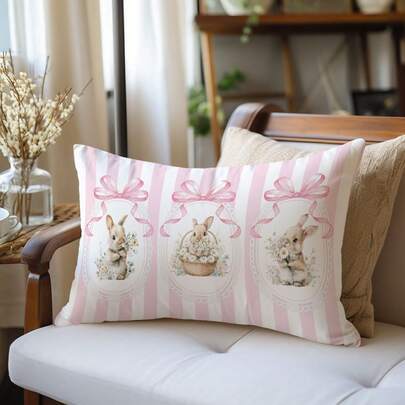 1 pièce Housse de coussin à motif de lapin rayé rose et blanc et floral, en velours pêche doux, impression unilatérale 30*50CM, convient pour le salon, la chambre, le canapé, la décoration de vacances, les cadeaux, sans insert de coussin