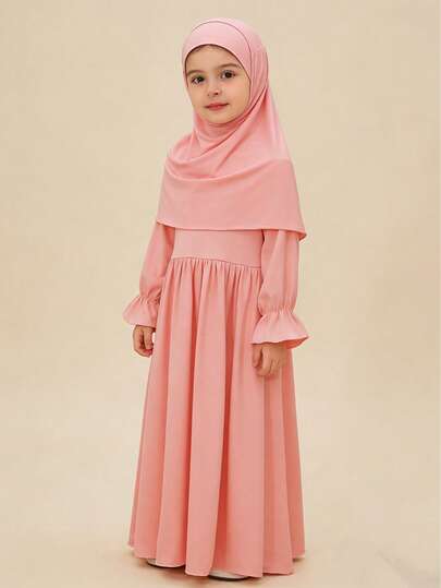 2pcs Muslim Girls Dress Set - Long Sleeve Solid Color Dress + Headscarf
