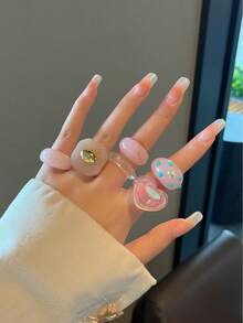 女款時尚個性戒指組，多色多款可選，熱銷多彩透明粉色橘色紫色藍色綠色黃色深紅色米色棕色玫瑰紅彩色寬面心形水鑽大戒指，3/4/5/6/7/8/9/10/11/12件組 - 彩色 - 查看 25