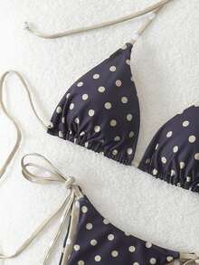 波点印花露背吊带比基尼套装，性感欧美风度假海滩夏季装扮 - 香檳色 - 查看 5