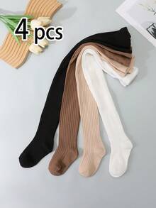 4 Pairs Girls Thick Stripe & Solid Color Leggings, All-Match Colors For Daily Matching, Suitable For Girls In Spring, Autumn And All Seasons - Multicolor - View 18