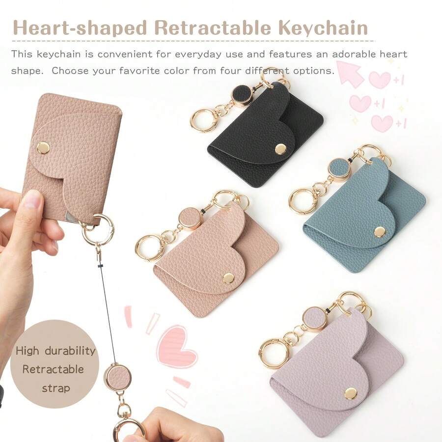 1 Set Retractable Keychain Lanyard With Cute Heart Shaped Keyring, And 1 Retractable Durable Card Holder Keychain Pouch - Multicolor - View 1