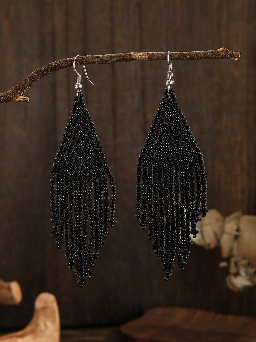 SOUL BEADING Khuyên tai thời trang nữ, khuyên tai đính hạt phong cách Bohemian, kiểu dáng cổ điển, màu đen tuyền, mặt dây chuyền tua rua dài, làm thủ công, móc khuyên tai bằng đồng, khuyên tai tua rua, phụ kiện đa năng cho tiệc tùng, mặc hàng ngày, đi nghỉ mát. - màu đen - Xem 1