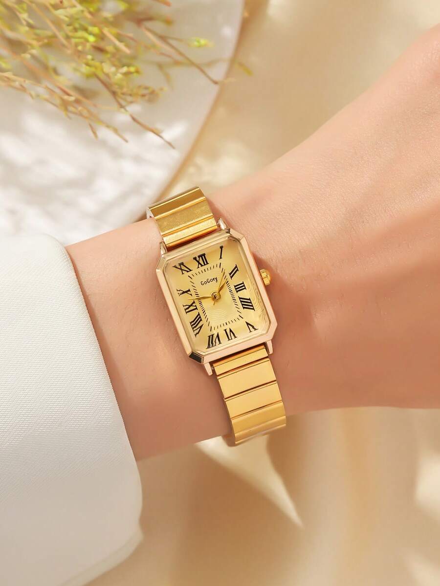 1 件女士方形罗马数字表盘简约竹表带石英表，适合日常佩戴、生日、女士礼物、周年纪念、年终促销、光棍节、万圣节促销，无礼盒 - 金色 - 查看 1