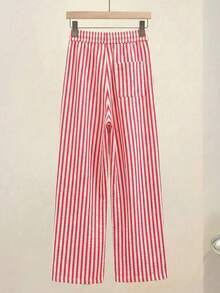 条纹抽绳腰休闲裤，适合办公室、商务、度假、日常休闲穿着、居家、上学、旅行等场合，春季新款 - 紅色 - 查看 4