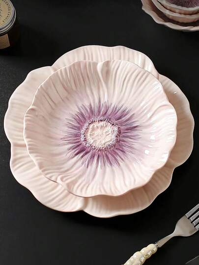 1pc Ins Style Floral Ceramic Plate, Asymmetrical Flower Pattern Glazed Plate, Household Dinner Plate, Dessert Plate, Cake Plate, Office Afternoon Tea Sweets Plate, Western Steak & Pasta Plate, Fruit Salad Plate, Flower Bowl, Rice Bowl