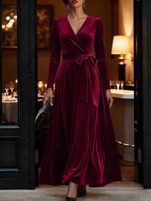 女士纯色圣诞优雅复古派对系带蝴蝶结丝绒连衣裙，秋冬季，适合节日、婚礼、正式晚宴、约会、生日派对、花园派对、拍照、情人节、新年等场合。 - 酒紅色 - 查看 1