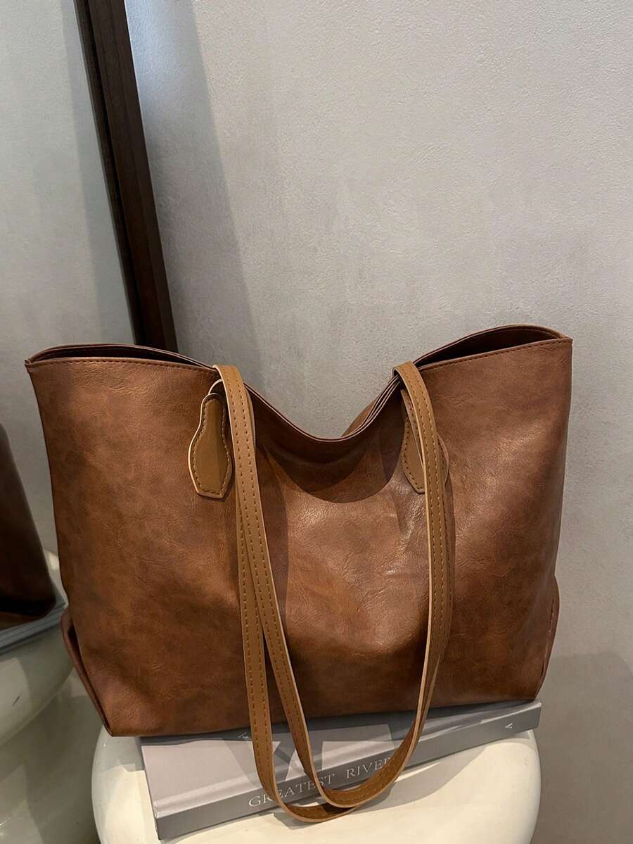 2pcs Women Black Quilted Lining Shoulder Tote Bag, Fashion Large Capacity Combination Handbag With Snap Closure, Casual Street Style For Daily Commute - Brown - View 1