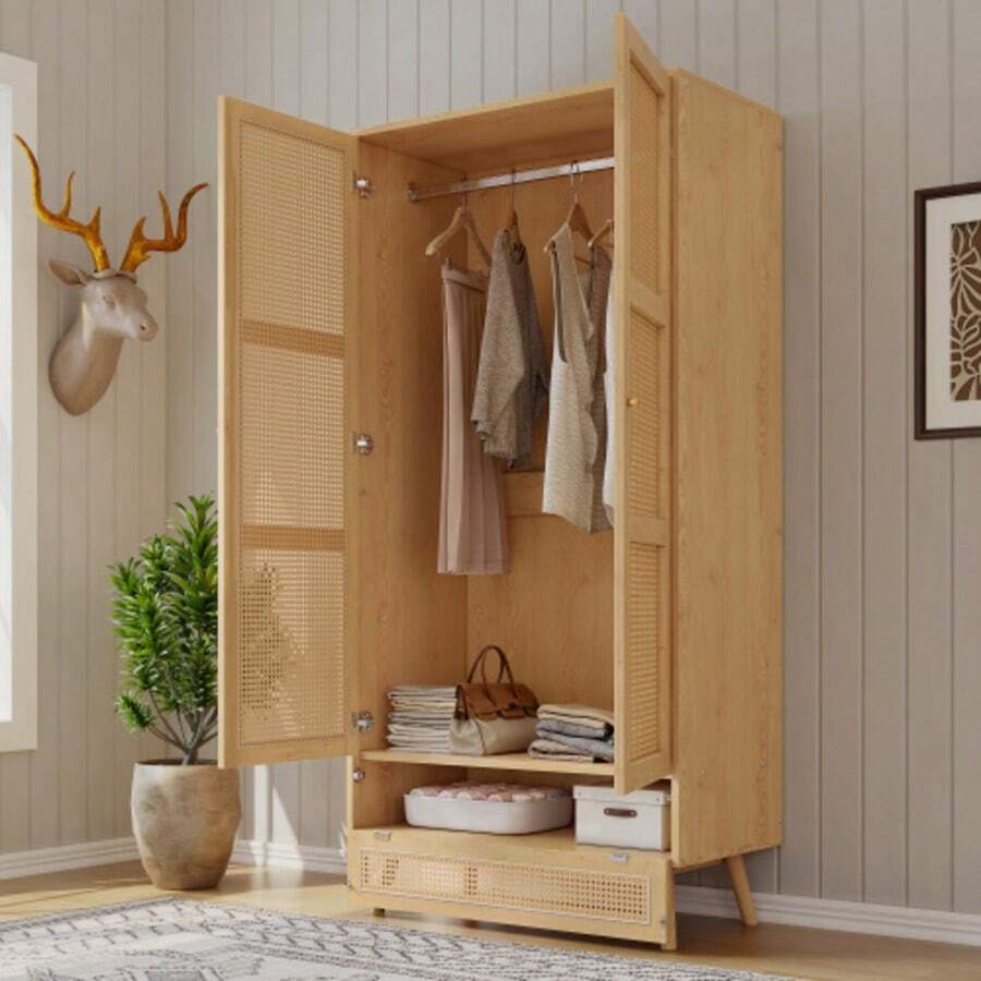 Wardrobe With Hanging Rail, 2-Door Wardrobe, Bedroom, Rattan Net, Living Room, With Bottom Flip-Top Lid, Chipboard + PE Rattan, Natural - Khaki - View 1