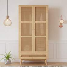 Wardrobe With Hanging Rail, 2-Door Wardrobe, Bedroom, Rattan Net, Living Room, With Bottom Flip-Top Lid, Chipboard + PE Rattan, Natural - Khaki - View 4