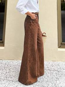 Women's Brown Wash Wide Leg Jeans, Comfortable Denim Long Pants With Pockets, Casual Style Spring - Brown - View 2