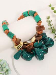 Retro Brown Rope Necklace, Contrasting Textured Stone Decor Minimalist Clavicle Chain, Lightweight Elegant Mori Style Necklace - Water Drop Pendant - View 2