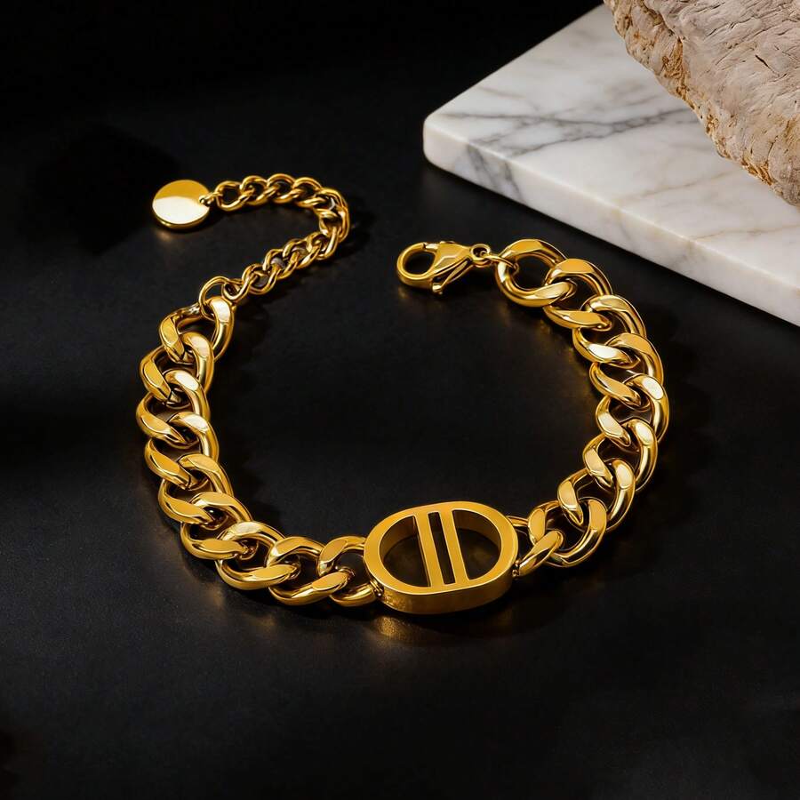 2件套不锈钢粗链手链，男女皆宜的时尚双D扣手镯，适合日常佩戴、休闲、派对叠戴、嘻哈风、啤酒节、情人节、生日礼物 - 鋼珠釘子手鐲 - 查看 1