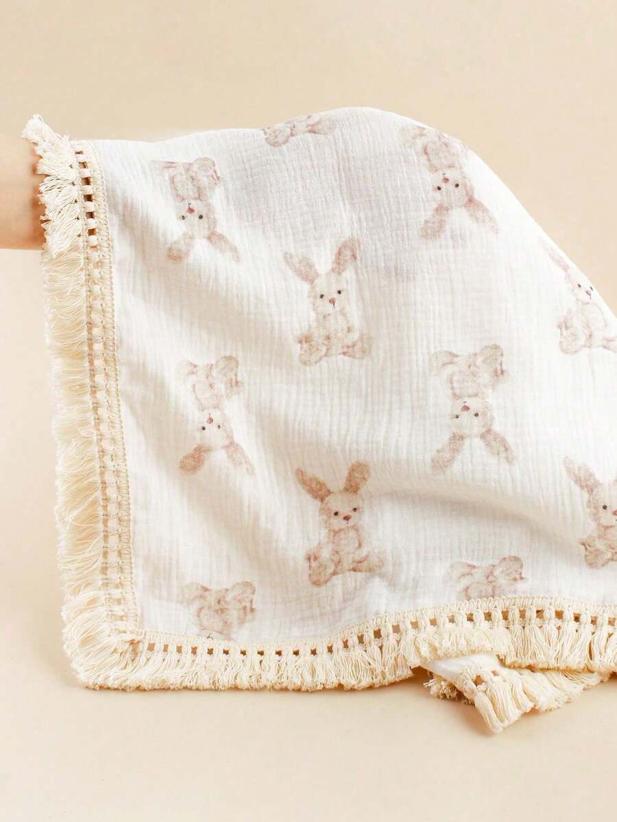 1pc Soft & Breathable Cute Rabbit Print Tasseled Bohemian Style Double-Layer Cotton Muslin Blanket, Swaddle, Stroller Cover, Bath Towel For Baby & Kids