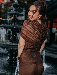 Women's Dress Fashionable And Elegant Temperament Pleated Design Women's Dress Sexy Exposed Navel Spice Girl Splicing Hip Wrap Dinner Party Solid Color Dress - 咖啡棕 - 查看 3