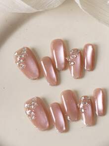 10pcs Press On Nails Short Acrylic Nail Kit Pink Nails Cat's Eye Explosive Flash Diamond Fake Nails Short Office DailyWear False Nails Artificial Nails Kit Includes 1sheet Adhesive Tabs &1 Pc Mini File - Multicolor - View 3