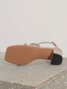 水钻装饰方头粗跟高跟凉鞋，优雅高贵，适合宴会和派对，时尚百搭，春夏装扮之选。 - 藕粉色 - 查看 8