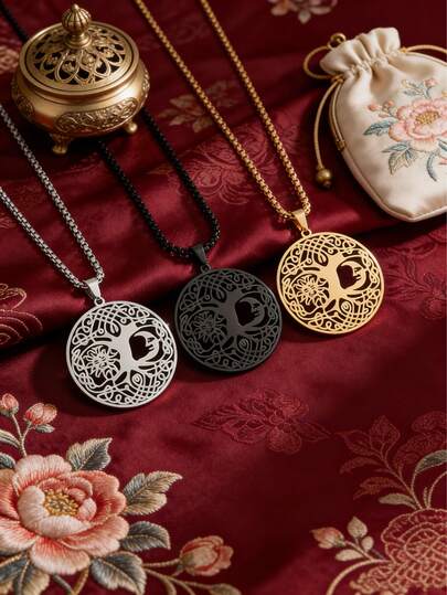 1件新款休闲时尚生命之树吊坠项链，镂空设计，日月卡通图案，男士经典高品质不锈钢首饰配饰，理想的节日礼物