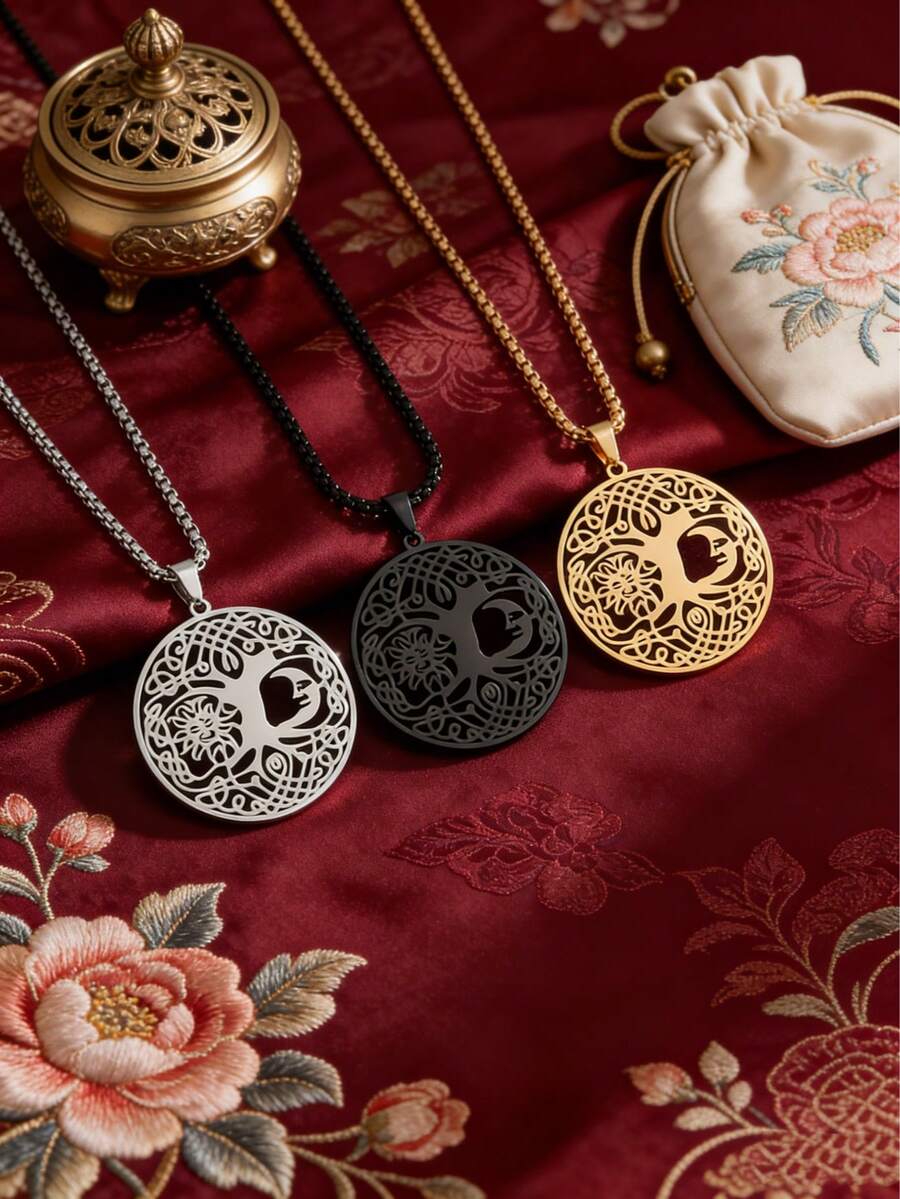 1PC New Casual Fashion Tree Of Life Pendant Necklace, Hollow Design, Sun And Moon Cartoon Pattern, Men's Classic High-Quality Stainless Steel Jewelry Accessories, Ideal Holiday Gift - Fashion - View 1