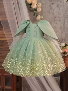 Young Girls' Square Neck Long Sleeve Foil Mesh Satin Elegant Ball Gown Dress, Suitable For Formal Dinner, Runway, Evening Party, Excluding Headband - Green - View 6