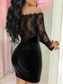 ChicMe Women's Lace Patchwork Off-Shoulder Long Sleeve Ruched Velvet Bodycon Mini Party Dress, Cocktail Party Holiday Date Outfit - Black - View 2