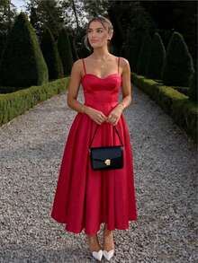 女士纯色收腰A字露背系带性感优雅度假约会吊带裙，春夏派对 - 紅色 - 查看 5