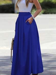 Pretty and Ole Plus Size Solid Color Pleated Skirt With Pockets Maxi Women Outfit - Blue - View 3