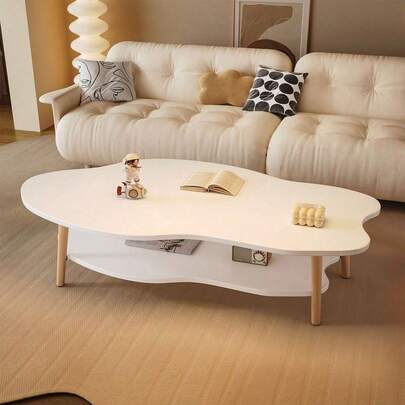 1X Living Room Low Table Coffee Table, Double-Layer Storage Table With Cloud Shaped Tabletop