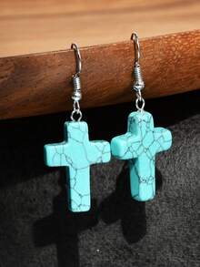 Natural Stone Cross Earrings, Vintage Personalized Design Turquoise & Amethyst & Rhodochrosite Pendant Earrings - Multicolor - View 19