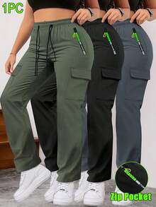 Women's Spring/Autumn Zipper Pocket Cargo Pants, Fashionable Large Pocket Design, Drawstring Elastic Waist, Casual Outdoor/Daily Wear Skinny Trousers - Army Green - View 2
