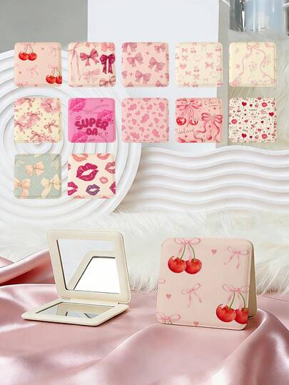 1pc Y2K Aesthetic Vanity Mirror, Foldable Lightweight Compact Handheld Mirror, PU Leather, Bowknot, Cherry Blossom, Lip Print, Heart, Letter Design, 180° Flip Cover, Multi-Functional