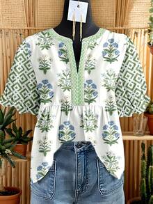 Vintage V-Neck Bell Sleeve Blouse With Patchwork Collar - Short Floral Print Embroidery Top, Spring Summer Casual Elegant Non-Stretch Regular Fit For Dresses Or Skirts (Hand Wash/Dry Clean) - Style Available) - [多色的] - 查看 1