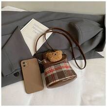 1pc Cute Panda Design Children's Crossbody Bag, Retro Plaid Stylish Handbag, Makeup Bag - Brown - View 5