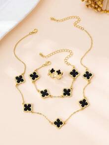 1 Collar de flor, 1 Pulsera de flor, 1 Anillo de flor, Conjunto de joyas de flor de trébol de cuatro hojas de moda casual - Negro - Ver 4